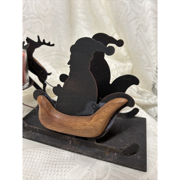 Vintage Christmas Santa Sleigh Reindeer Silhouette Metal Wood 4 Candle Holder - Picture 4 of 12